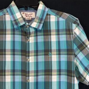 ORIGINAL PENGUIN Men's Green Blue Plaid SS Classic Fit Button Down Shirt M
